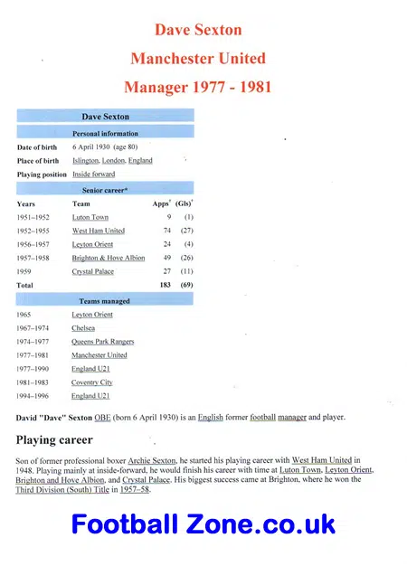 Manchester United Dave Sexton Autograph Signed Picture Manager