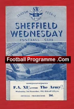 Army v FA X1 1954 - at Sheffield Wednesday - Viollet Finney - football programme