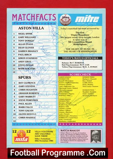 Aston Villa v Tottenham 1985 – Signed by 12 Players