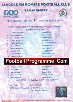 Blackburn Rovers  v Manchester United 1996 – Youth Cup Final TS