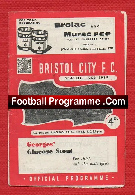 Bristol City v Blackpool 1959 - FA Cup - Signed - football programme