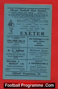 Chester City v Exeter City 1962 - football programme