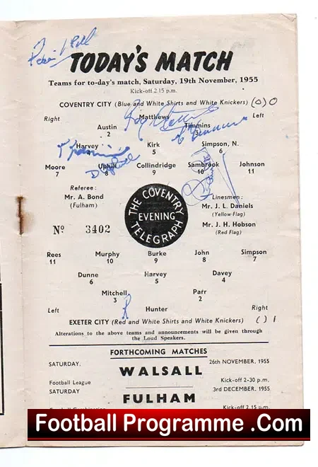 Coventry City v Walsall 1955 - Autographed SIGNED