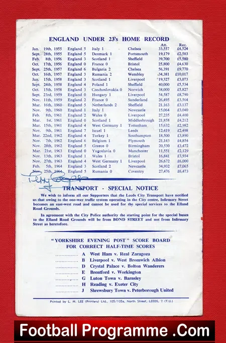 England v Czechoslovakia 1965 – Under 23’s Match at Leeds Czech