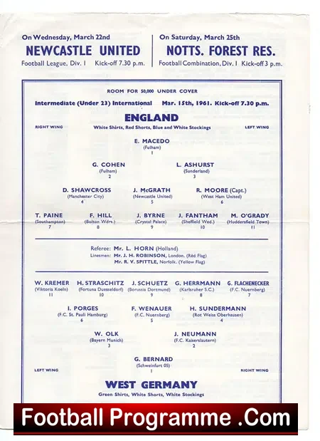 England v Germany 1961 – U23 at Tottenham + Bobby Moore