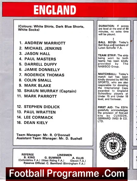 England v Holland 1986 – Wembley School Boys