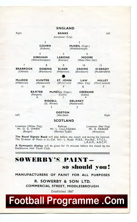 England v Scotland 1961 - U23 at Middlesbrough + Bobby Moore