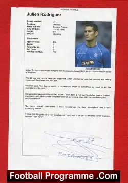 Glasgow Rangers Julien Rodriguez Autograph - football programme