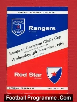 Glasgow Rangers v Red Star Belgrade 1964 - at Arsenal - football programme