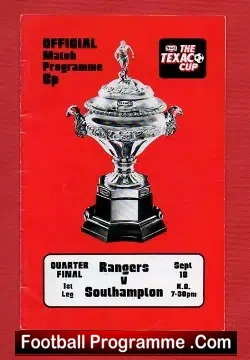 Glasgow Rangers v Southampton 1974 - Texaco Cup QF - football programme