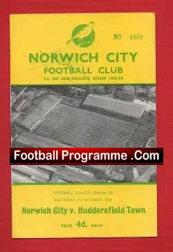 Norwich City v Huddersfield Town 1960 - Signed - football programme
