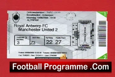 Royal Antwerp v Manchester United 2009 - Football Ticket Stub - football memorabilia