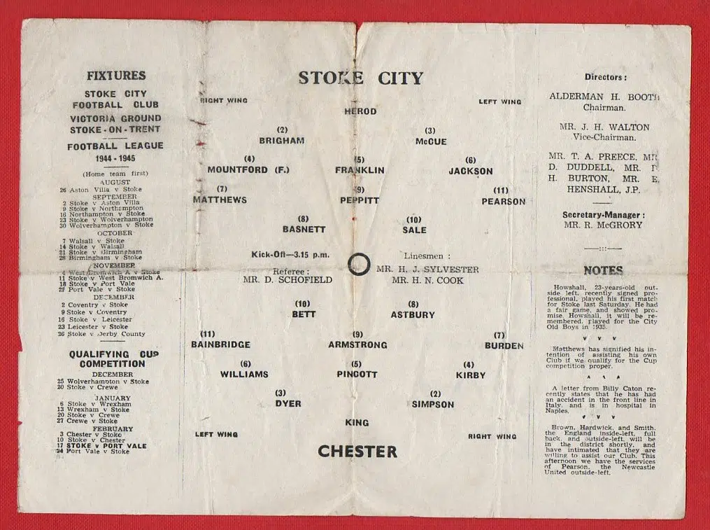 Stoke City v Chester 1945 – War Time Programme