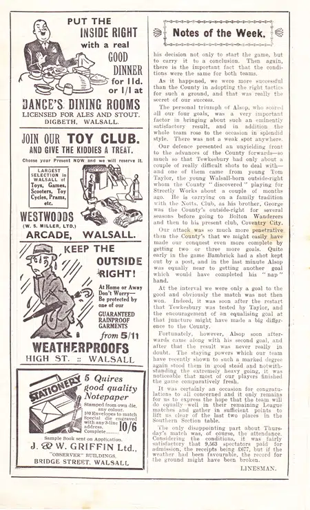 Walsall v Atherstone 1939 – Pre War Football Programme