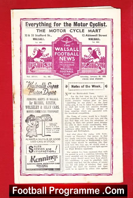 Walsall v Atherstone 1939 – Pre War Football Programme