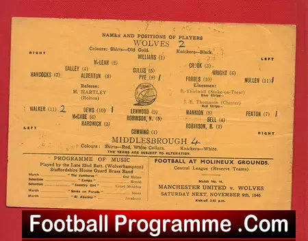 Wolves Wolverhampton v Middlesbrough 1946