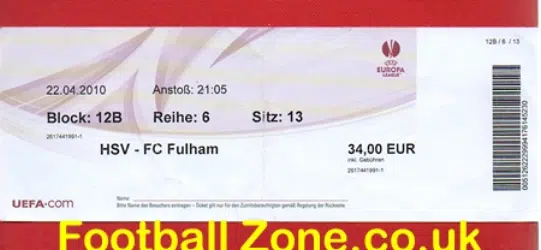 HSV Hamburg SV v Fulham 2010 - Football Ticket Hamburg Germany
