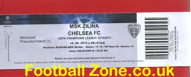 MSK Zilina v Chelsea 2010 - Football Ticket - Slovak