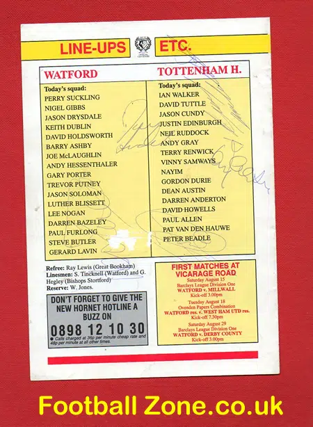 Watford v Tottenham 1992 – Friendly Final – Signed