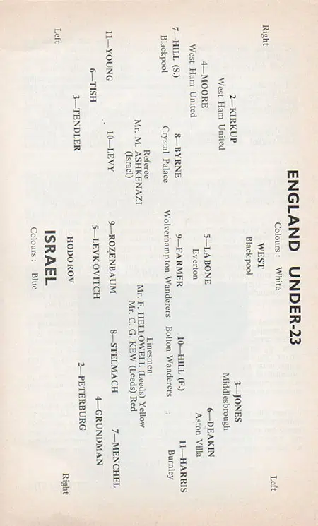 England v Israel 1961 – Under 23 International + Bobby Moore