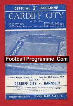 Cardiff City v Barnsley 1958 - Signed Duncan Sharp - football programme