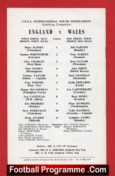 England v Wales 1970 – Youths Game at Leyton Orient