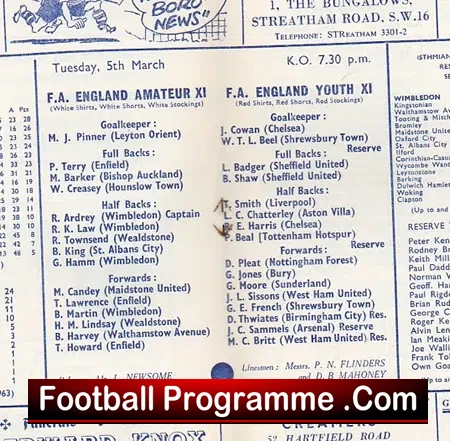FA Amateur XI v FA Professional Youth XI 1963 at Wimbledon