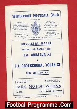 FA Amateur XI v FA Professional Youth XI 1963 at Wimbledon
