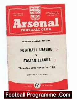Football League v Italy Football League 1962 - at Arsenal - football programme