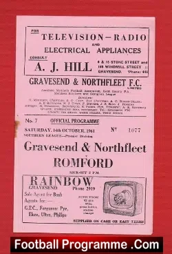 Gravesend Northfleet v Romford 1961 - football programme