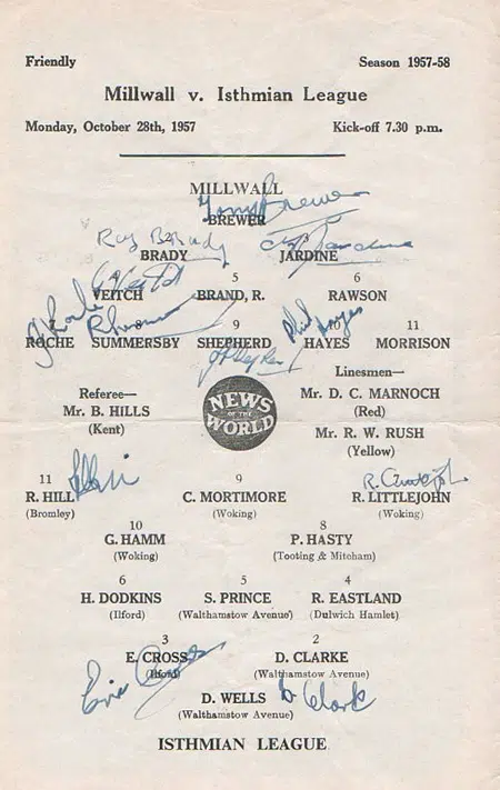 Millwall v Isthmian League 1957 – Multi Autographed Signed