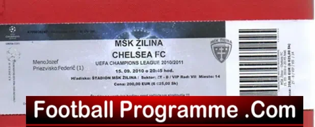 MSK Zilina v Chelsea 2010 – Football Ticket – Slovak