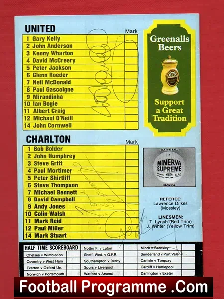Newcastle United v Charlton Athletic 1987 – Autographed + Gazza