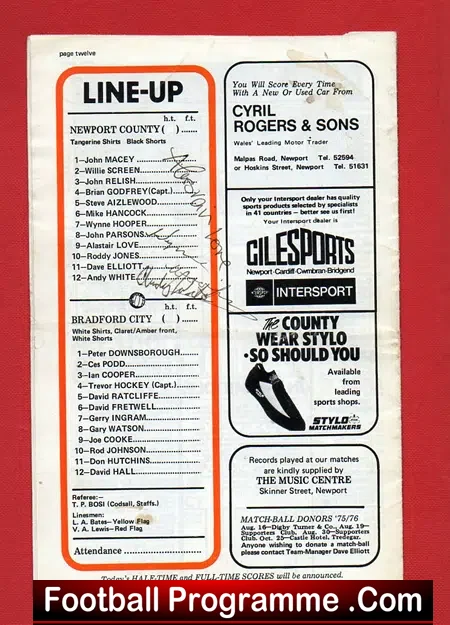Newport County v Bradford City 1975 – Multi Signed Autographed