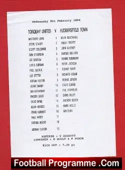Torquay United v Huddersfield Town 1994 – Single Sheet