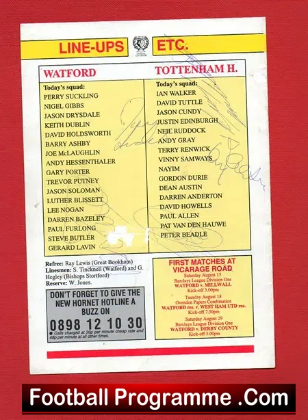 Watford v Tottenham 1992 – Friendly Final – Signed