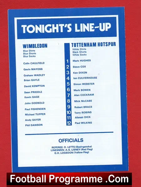 Wimbledon v Tottenham 1981 – Youth Cup