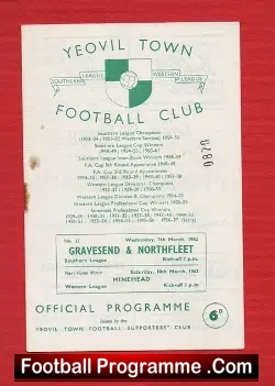 Yeovil Town v Gravesend Northfleet 1962 - football programme