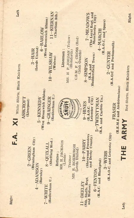 Army v FA XI 1952 – at Leeds + Meadows Man City