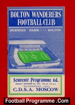 Bolton Wanderers v CDSA Moscow 1957 - Signed Russia - football programme