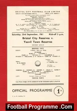 Bristol City v Yeovil Town 1961 - Reserves Single Sheet - football programme