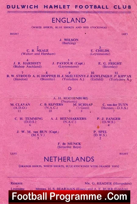 England v Holland 1948 – at Dulwich Hamlet – Netherlands