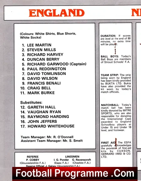 England v Holland 1984 – Schools – Craig Bell