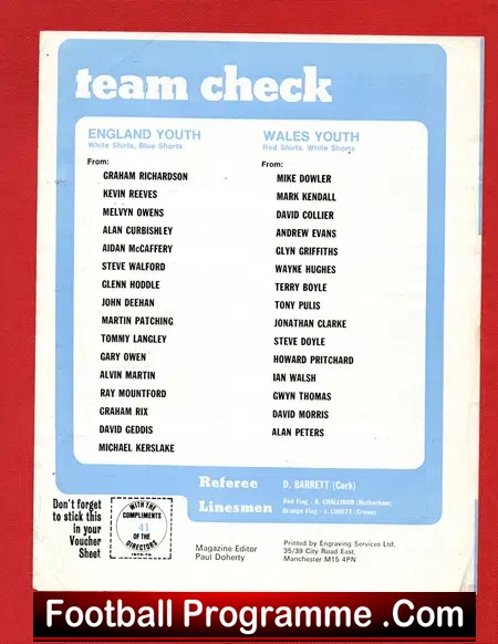 England v Wales 1976 Youth Tournament at Manchester City Hoddle
