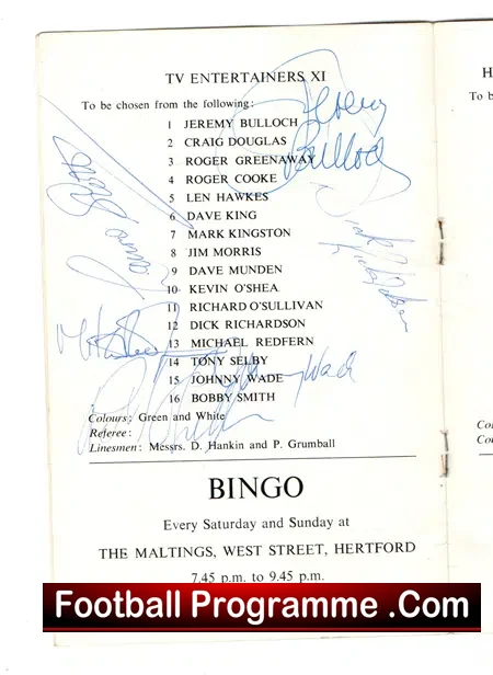Hertford Youth v TV Entertainers XI 1968 – Multi Autographed