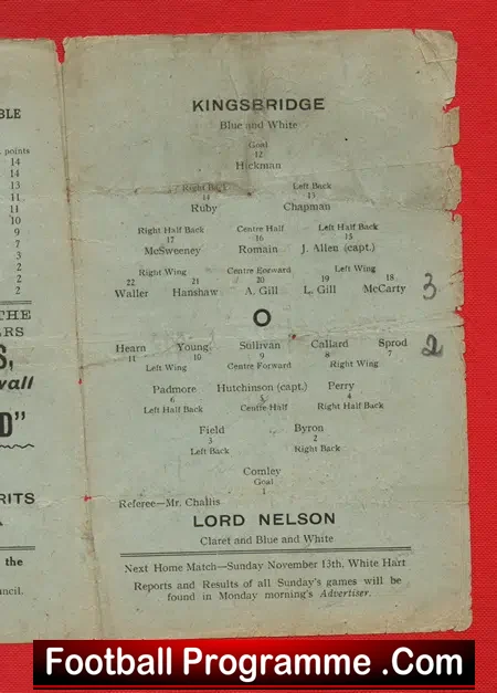 Kingsbridge Athletic v Lord Nelson FC 1921 – Antique Programme