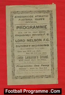 Kingsbridge Athletic v Lord Nelson FC 1921 – Antique Programme