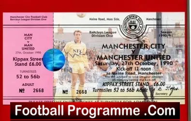 Manchester City v Manchester United 1990 Ticket - Full Ticket - football memorabilia