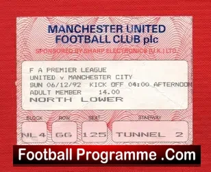 Manchester United v Manchester City 1992 Ticket League Champions