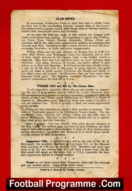 South Liverpool v Wellington Town 1945 – Single Sheet